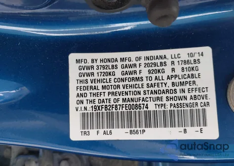 2015 Honda Civic Ex from USA, damaged, VIN 19XFB2F87FE008674